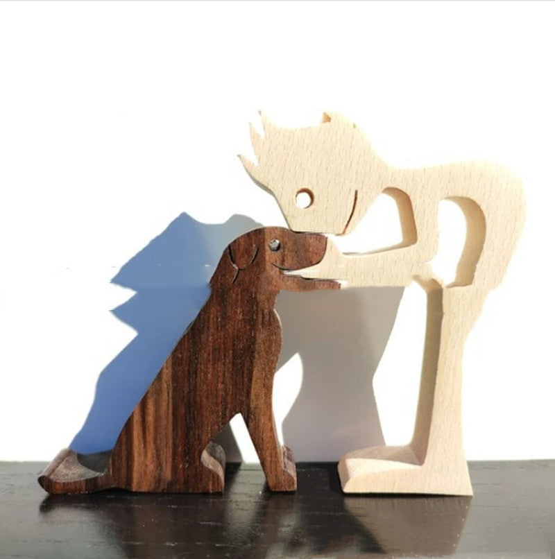DIY Figurine Wood Dog Ornament Sculpture Home Decoration A Man A Dog Wood Sculpture Christmas Gifts Model Decor - Keep Me Pawsted