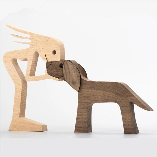 DIY Figurine Wood Dog Ornament Sculpture Home Decoration A Man A Dog Wood Sculpture Christmas Gifts Model Decor - Keep Me Pawsted
